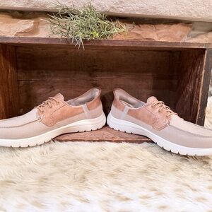 Skechers Slip Ins women’s Tan and Cream Boat Shoes